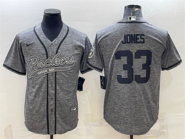 Men's Green Bay Packers #33 Aaron Jones Gray With Patch Cool Base Stitched Baseball Jersey